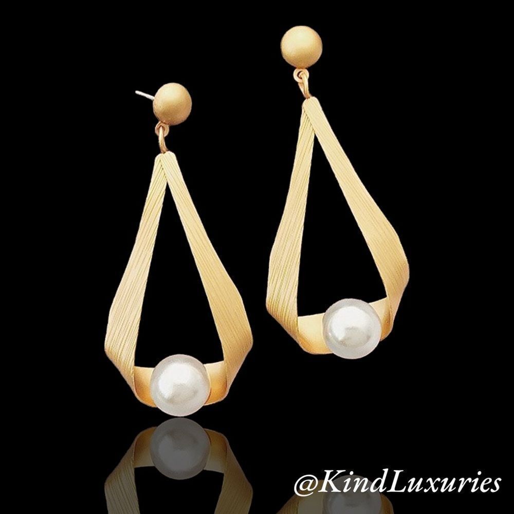 💎242💎 925 Sterling Silver Carved Water Drop Women Pearl Gold‎ Tone Earrings